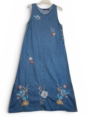 VTG 90s Agapo Floral Embroidered Denim Maxi Jumper Dress Women Size S